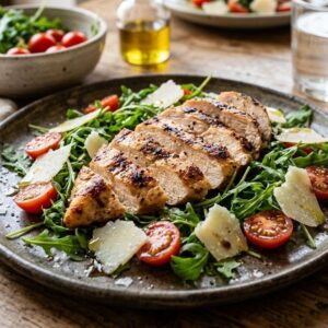 TAGLIALATA DI PETTO DI POLLO CON RUCOLA POMODORNI E GRANA