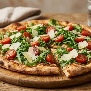 FOCACCIA CON RUCOLA, POMODORINI E GRANA